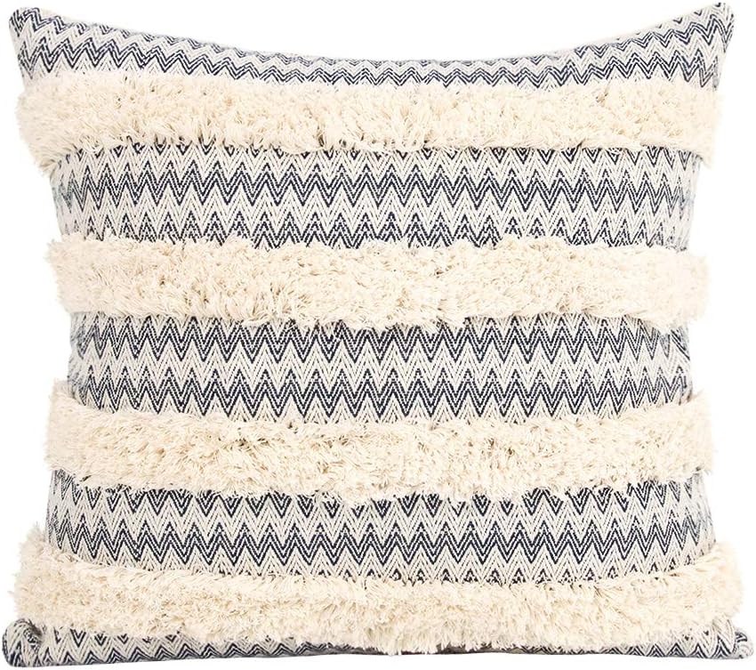 cygnus Boho Decorative Throw Pillow Covers Cotton Woven Modern Wave Textured Moroccan Farmhouse Case for Couch Sofa 18x18 inch,Navy Blue and Cream