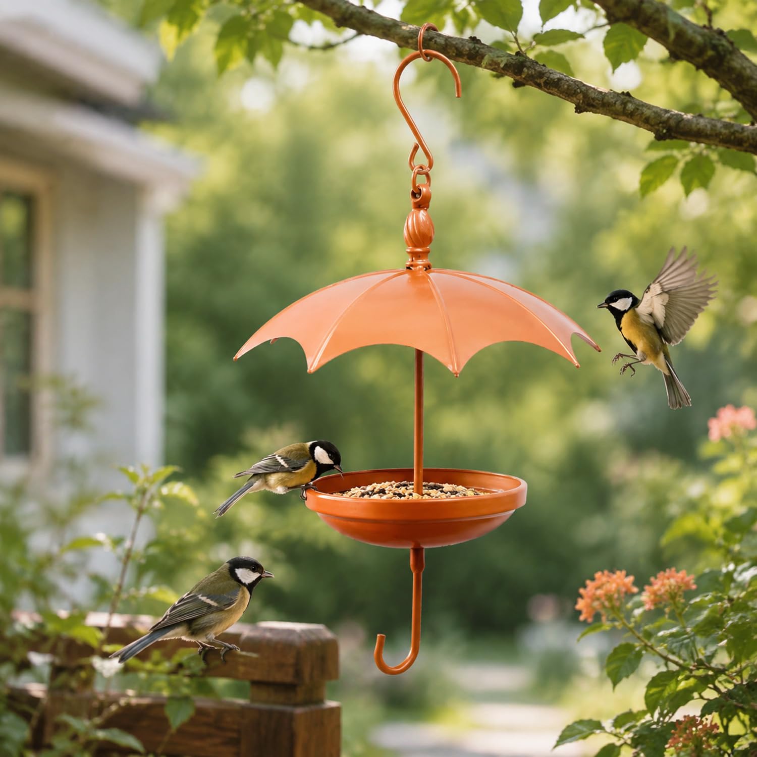 Vogelfutterstation mit Schirmoberseite, 2 in 1 Metall Wildvogel-Futterstation und Badeschale, Wetterfester Regen-/Sonnenschutz für Garten und Außenbereich