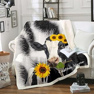 Erosebridal Personalized Highland Cow Blanket Black White Cow Print Throw Blanket for Bed for Kids, Yellow Sunflower Sherpa Blanket Farmhouse Animal Fleece Blanket, Custom Name Fuzzy Blanket