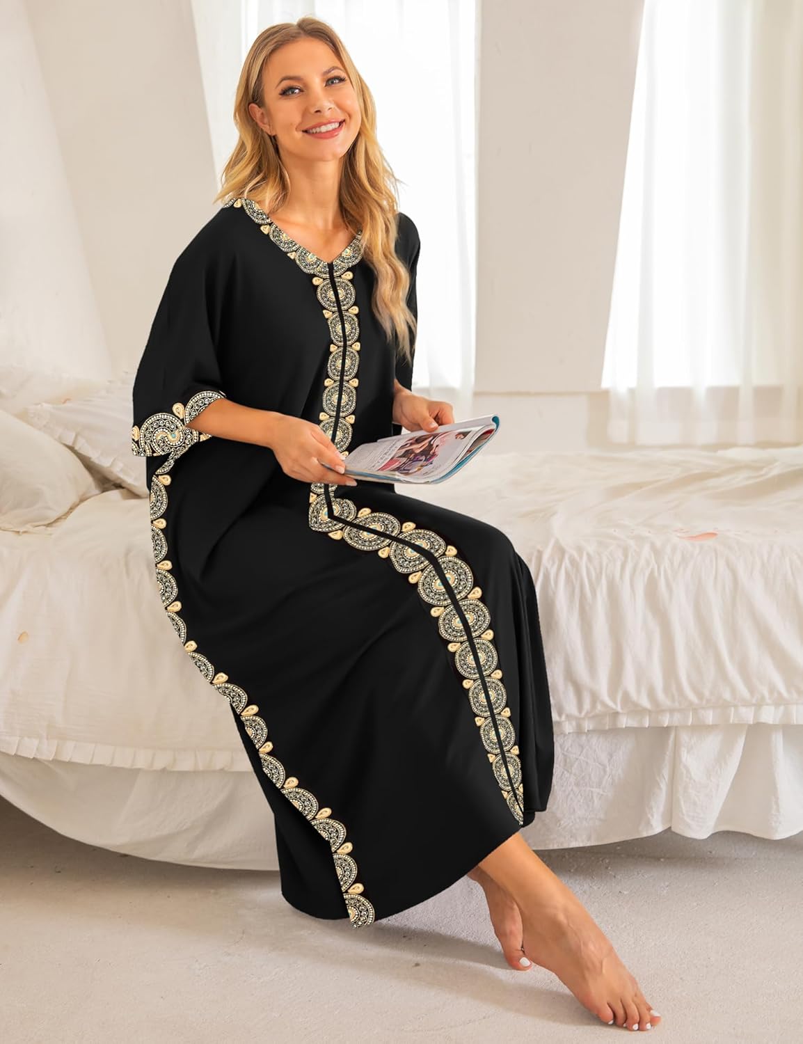 Bloggerlove Women Nightgowns Cotton Caftan House Dress Short Sleeve Sleepwear - Image 4