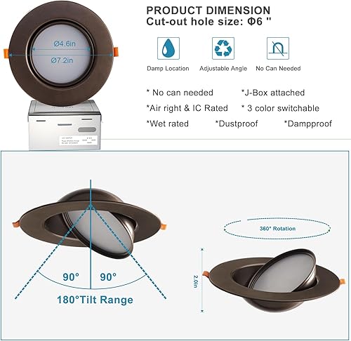 Miniatura 7 de Lightdot Iluminación empotrable con cardán de 6 pulgadas, 12 W  120 W, 1200 lm, súper brillante regulable de 6 pulgadas, luz LED de techo