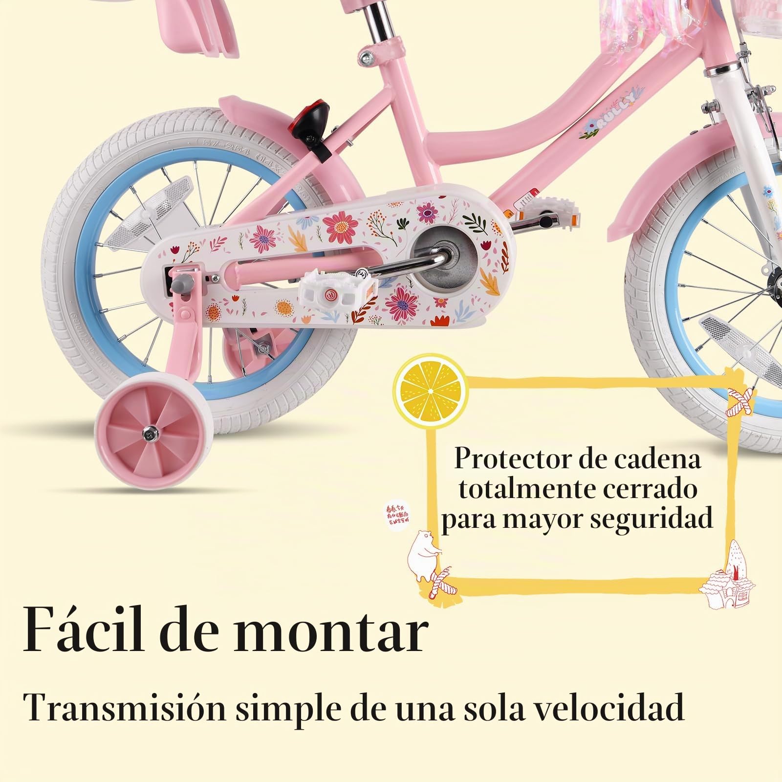RULLY Daisy Bicicleta Niño 12 14 16 Pulgadas para Niñas de 2 a 7 Años - Bicicleta Princesa con Asiento Muñeca, Ruedas, Cesta y Cintas, Multicolor