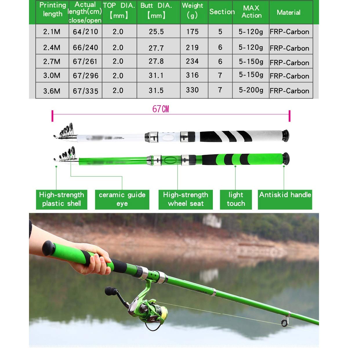 Carbon Fiber Telescopic Carp Sea Fishing Rod Pole Portable Spinning Travel Ultralight 2.1M 2.4M 2.7M 3.0M (Color : White Size : 2.1m) (White 2.1m)