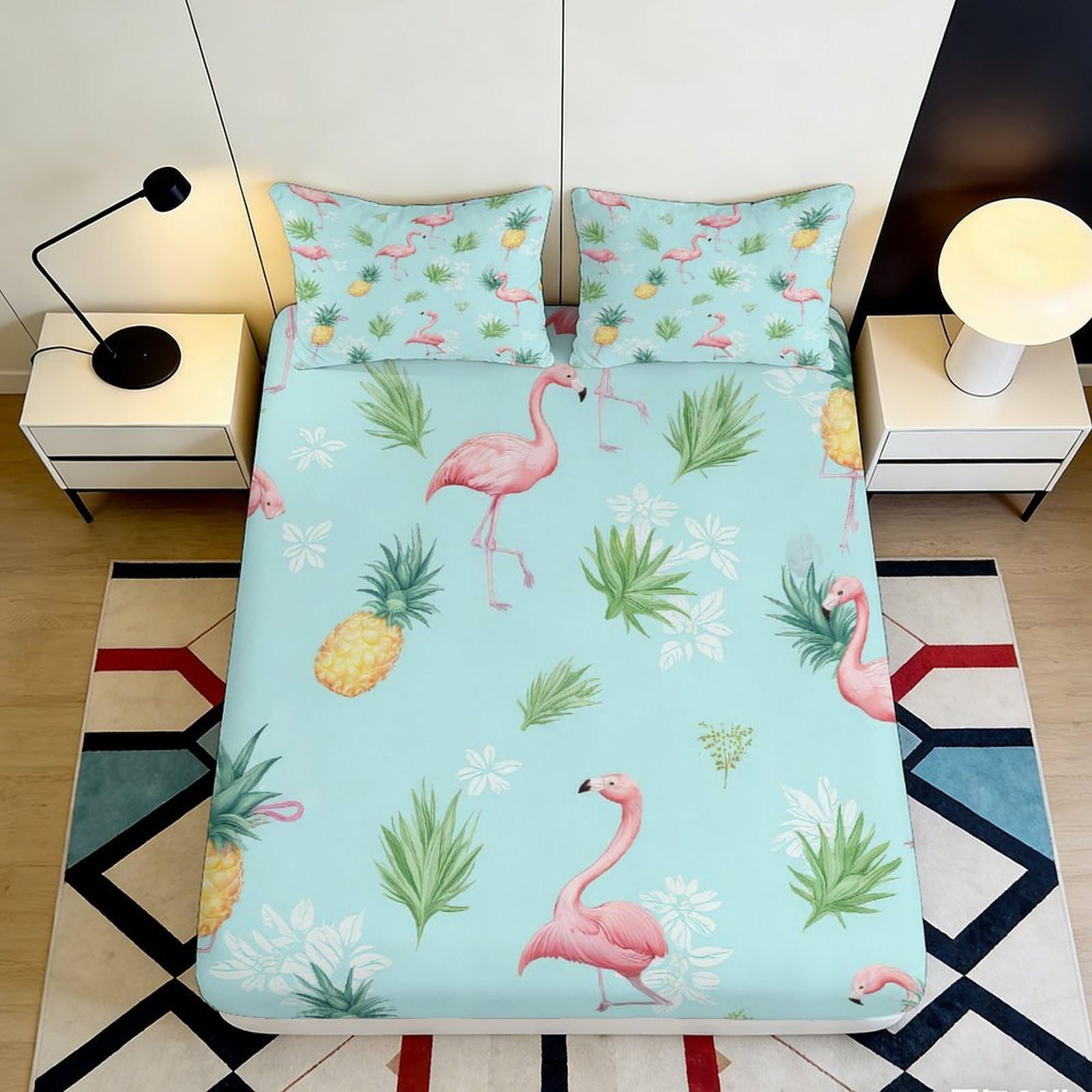 3D Printed Flamingo Pineapple Fitted Sheet Microfiber Soft Breathable Tropical Leaves Bed Cover for Bedroom Dormitory Guest Room Mattress Protection Decor 90x200x25cm