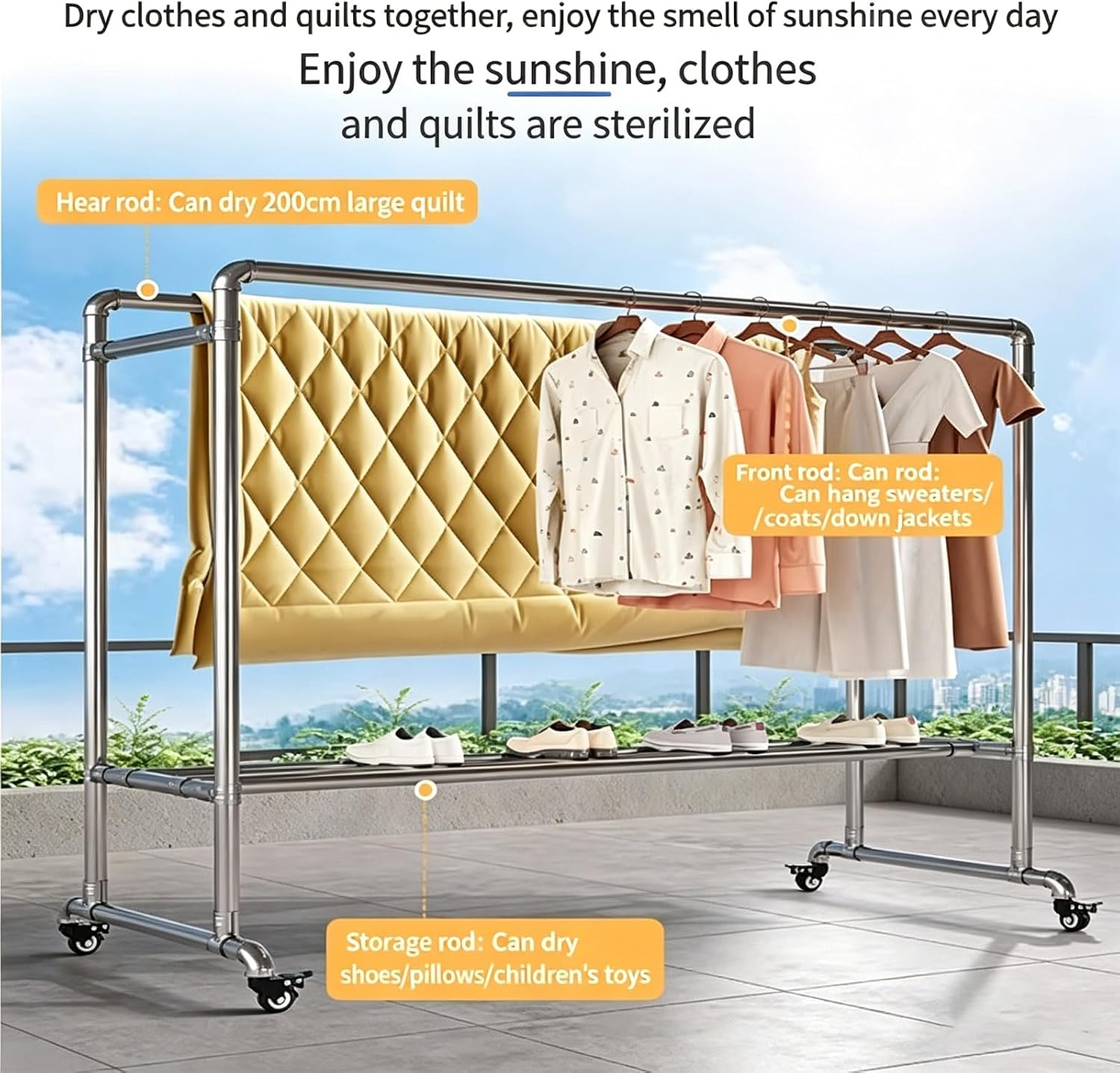 Heavy-Duty Stainless Steel Clothing Rack, Freestanding Drying Rack with Storage Shelves and Windproof Hooks, Multi-Purpose Garment Hanger Stand for Indoor and Outdoor Use.