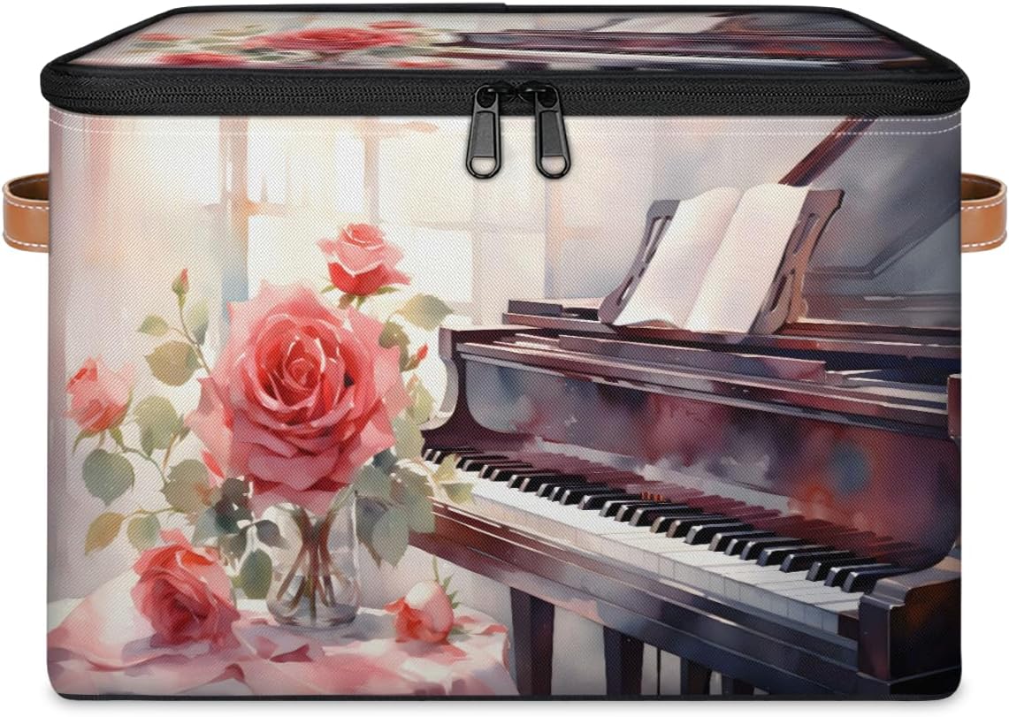 Vintage Music Piano Collapsible Fabric Storage Bin with Lid