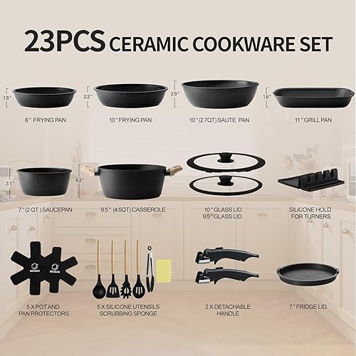 Miniatura 2 de Juego de 23 ollas y sartenes de cerámica, antiadherentes con mango desmontable, juego de cocina de inducción con mango extraíble, incluye sartenes y