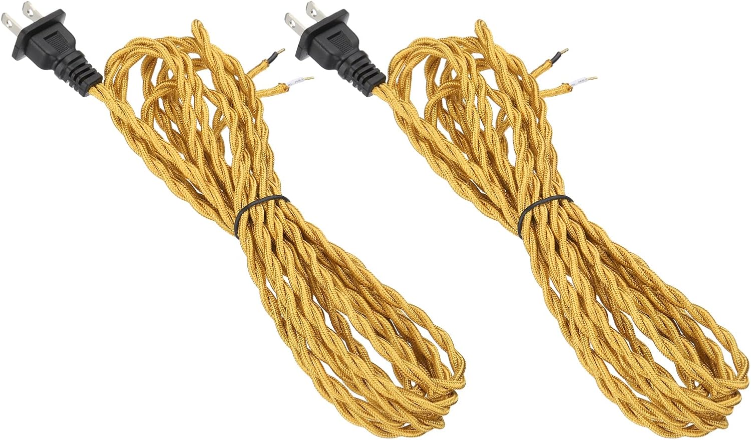 uxcell 12Ft 18/2 Twisted Cloth Covered Lamp Cord, 2 Pcs Vintage Fabric Electrical Wire with Plug Stripped Ends Ready for Extension Wiring DIY Repairing, Golden