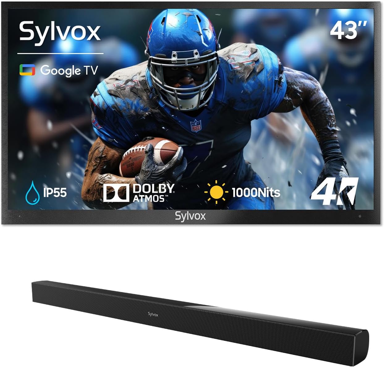 SYLVOX 43-Inch Outdoor TV with Soundbar, 4K, HDR10, Weatherproof, 1000 nits, Voice Assistant Remote, for Partial Sun Area (Deck Pro 2.0, Latest Model)