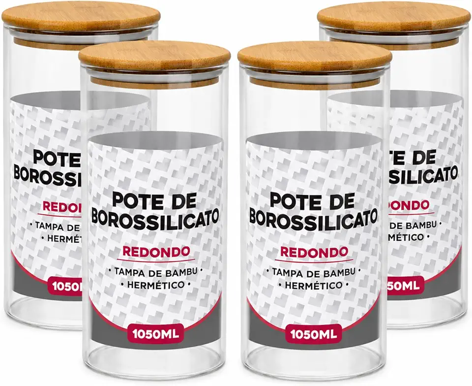 Kit 4 Potes de Vidro Herméticos Borossilicato 1050ml com Tampa de Bambu | Capacidades 1050ml | Vedação Hermética, Organização e Estilo Para Sua Cozinha | Acabamento Premium Luxo