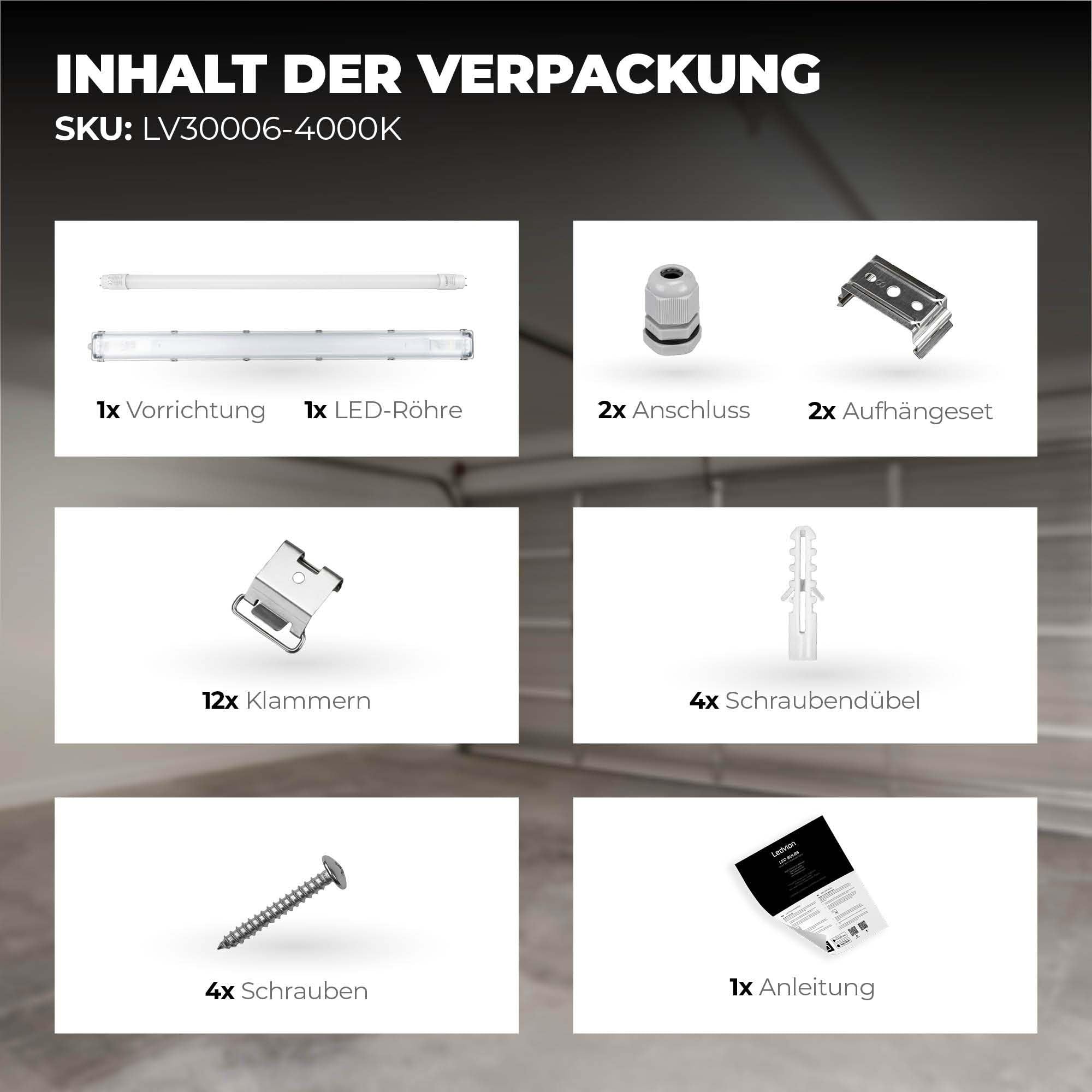 Ledvion Feuchtraumleuchte LED 2x150cm 2x15W 160lm/W 4000K IP65 mit Röhre