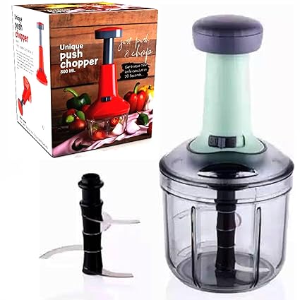 2 in 1 Manual Hand Press Push Chopper Cutter with Stainless Steel Blades for Effortless Chopping Vegetables & Fruits Cutter (Assorted, Plastic), 1 Watts