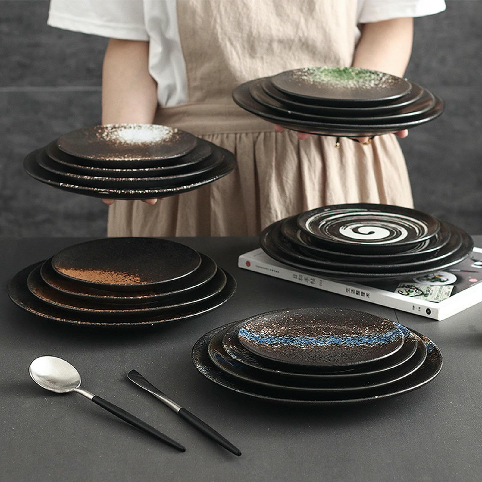 Japoński ceramiczny okrągły płytki talerz śniadanie stek deser ciasto talerz - płatek śniegu zielony (25 cm)