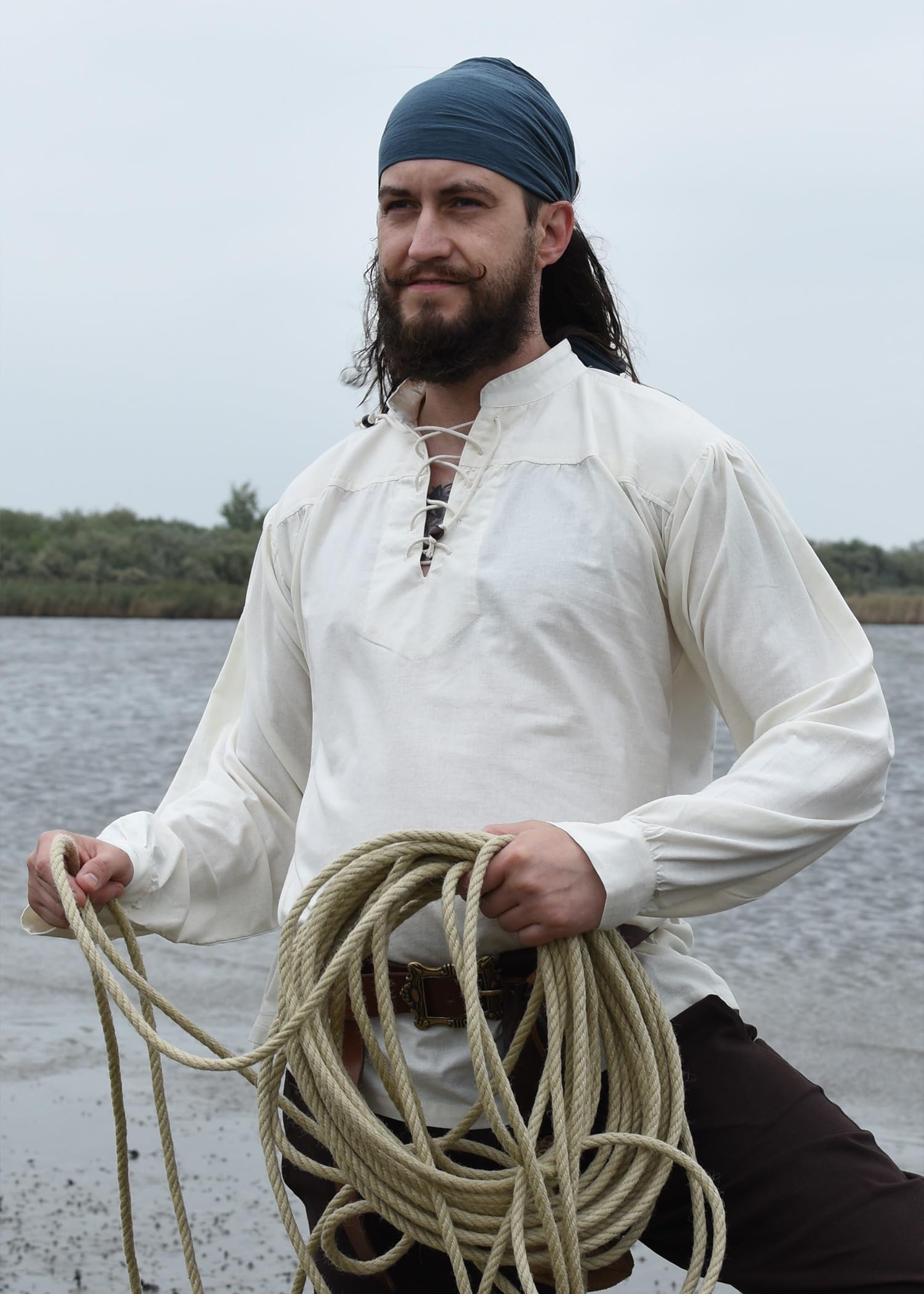 Battle-Merchant - Camicia Medievale Ludwig, da Uomo - Cotone - Taglia Ampia, Allacciatura, Collo Alto, Maniche Lunghe - Larp, Vichingo