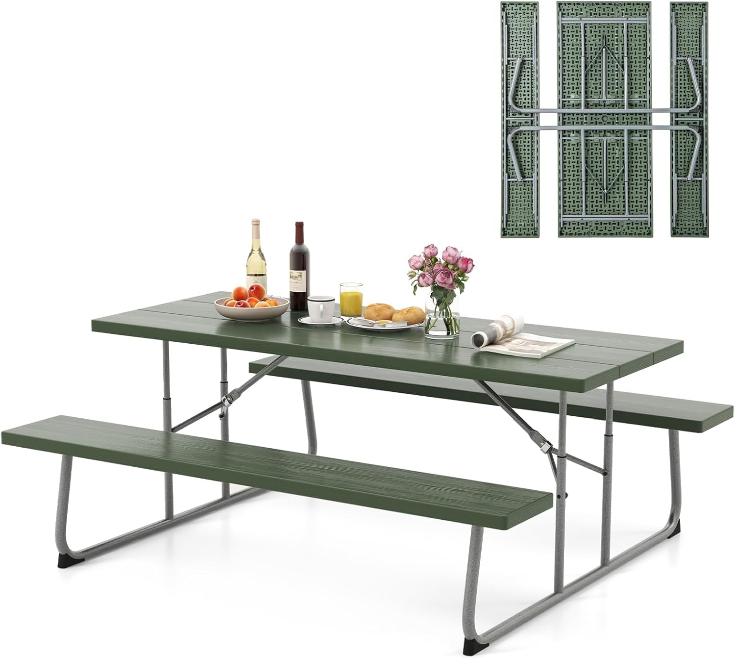 Giantex Folding Picnic Table - 6 FT Outdoor Table Bench Set for 8 Persons w/All-Weather HDPE Tabletop, Metal Leg, Umbrella Hole, Large Outside Dining Table for Patio Garden Yard Poolside (Green)