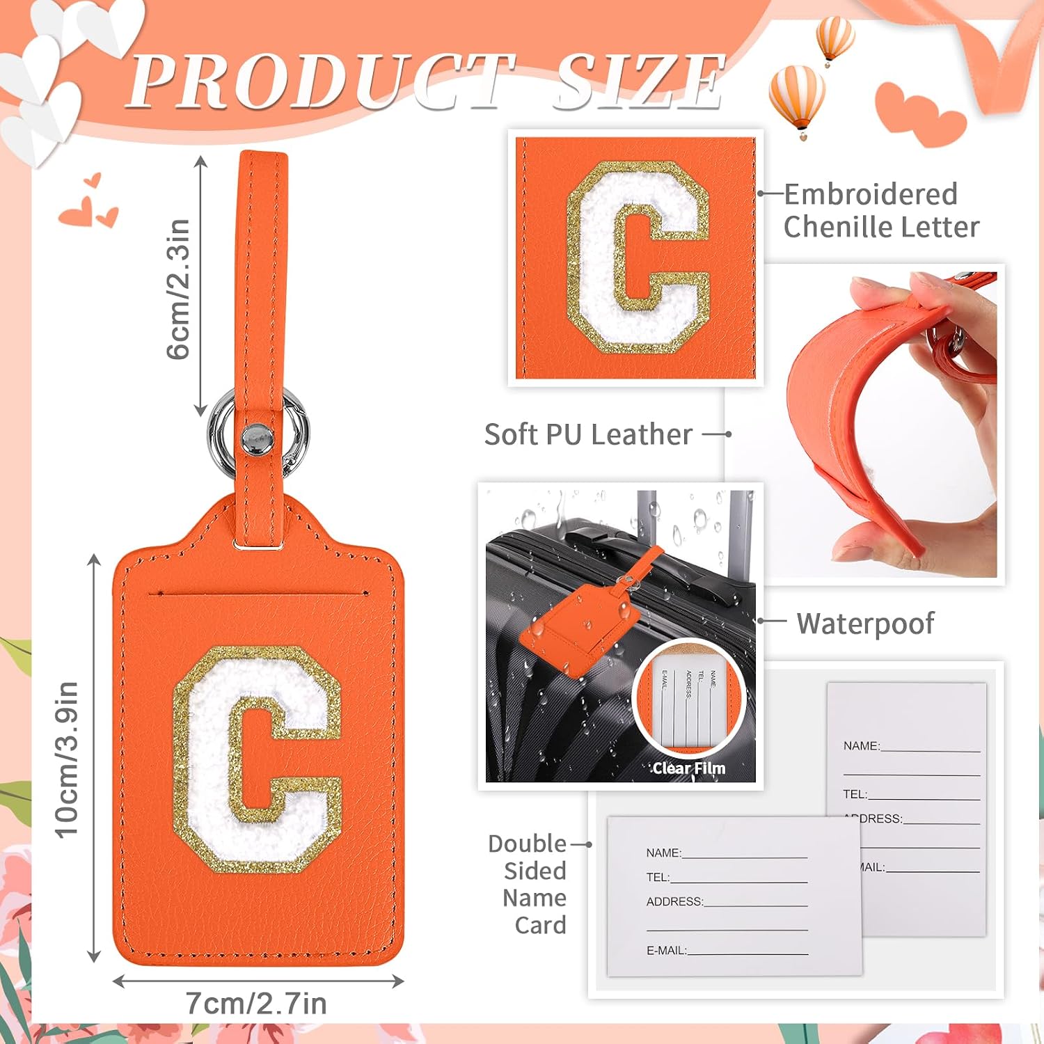 Initial Luggage Tag C for Suitcases, PU Leather Personalized Letter Luggage Tags with Privacy Cover Name Card, Orange Cute Monogrammed TSA Approved Travel Handbag Tags for Women Kids(1 Pack Letter C) image 2