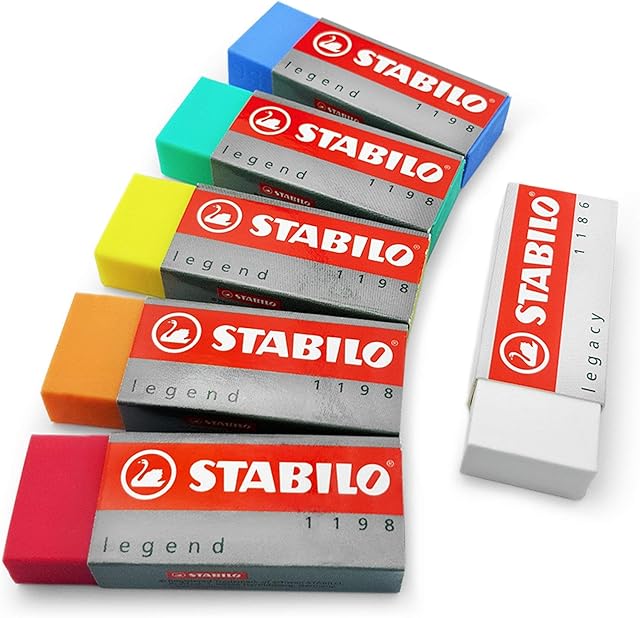 STABILO Legend & Legacy Plastic Rubber Eraser Mixed Set of 6 Erasers -"One of Each Colour"