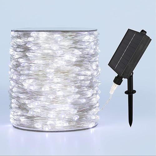 Guirnalda de luces solares para exteriores, 200 pies, 600 luces LED, impermeables, 8 modos, botón para exteriores, para patio, jardín, patio, árbol,