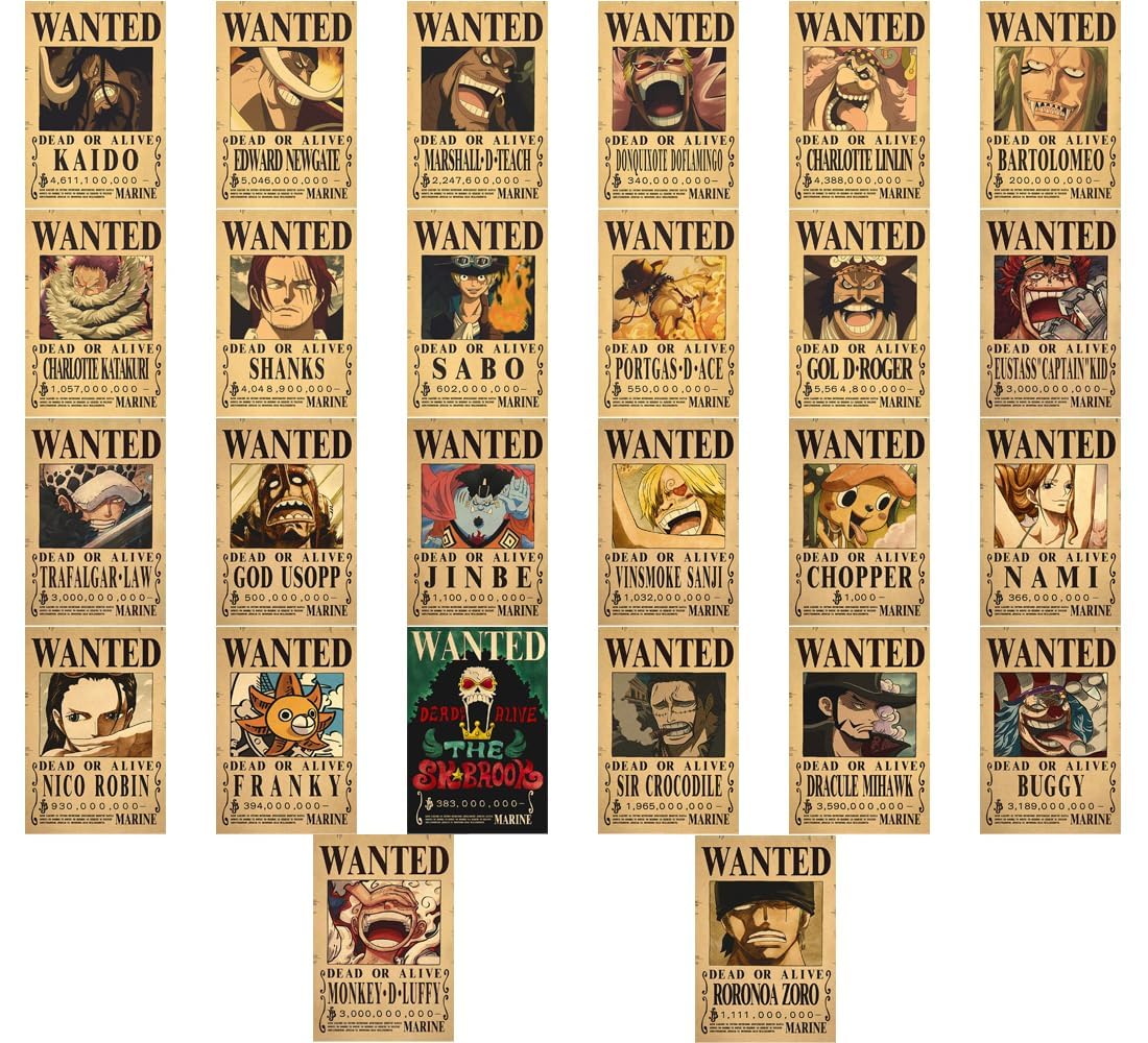 Paper One Piece Wanted Posters Set-300 Gsm 8 X 12 Inch-One Piece Bounty Posters Set Of 26 A4 Size-Luffy Wanted Poster-One Piece Anime Straw Hat Crew Wanted Posters Set-One Piece Stickers