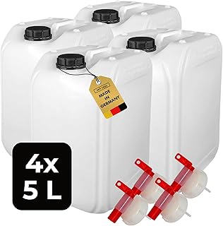 ABACUS® 4X 5 Liter Wasserkanister Natur | Chemiekanister | Auslaufhahn und Deckel (DIN 51) | Lebensmittelecht | Indoor und Outdoor | BPA Frei | Säurefest | Mit Skala zum Ablesen des Füllstands