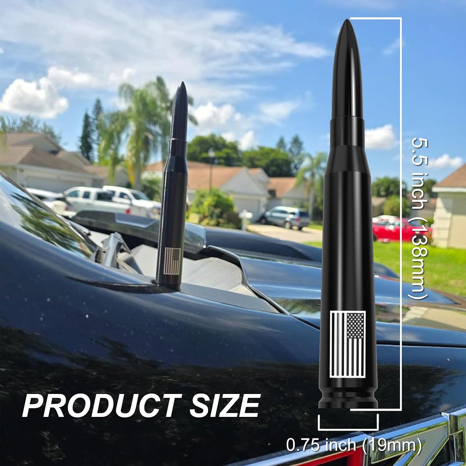 American Flag 50 Cal Bullet Antenna - Anti-Theft Design for GM Chevy Silverado & GMC Sierra 1500 2500HD 3500HD Custom High Country ZR2 Z71 RST Redline AT4 Denali 2007-2025 (Black)