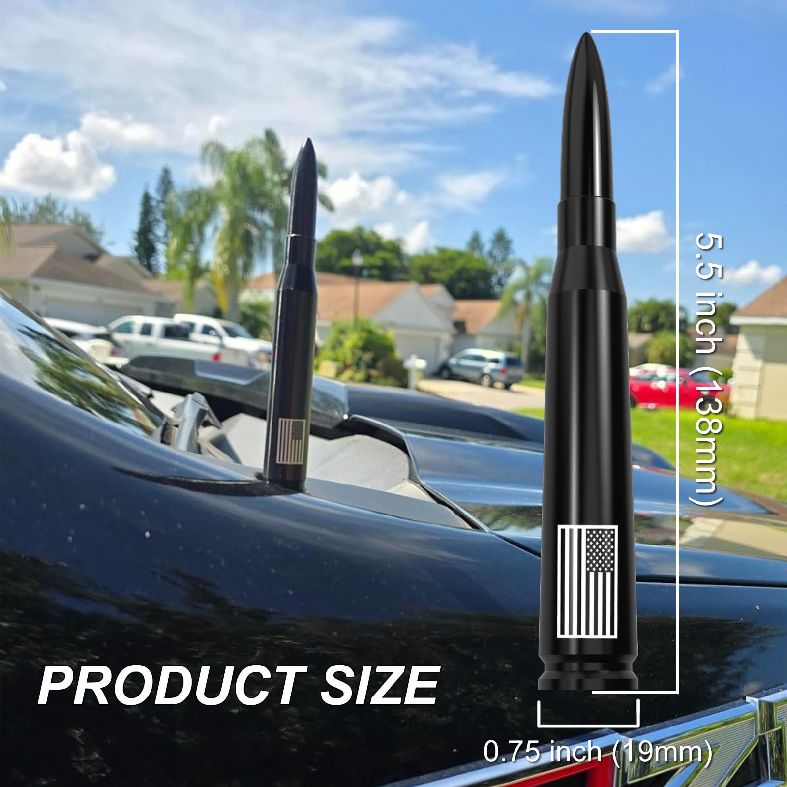 Engirette American Flag Car Truck Bullet Antenna Replacement Automatic Car Wash Safety - Anti-Theft Design for GM Chevy Silverado GMC Sierra 1500 2500 3500 HD Avalanche Accessories 1999-2025, Black