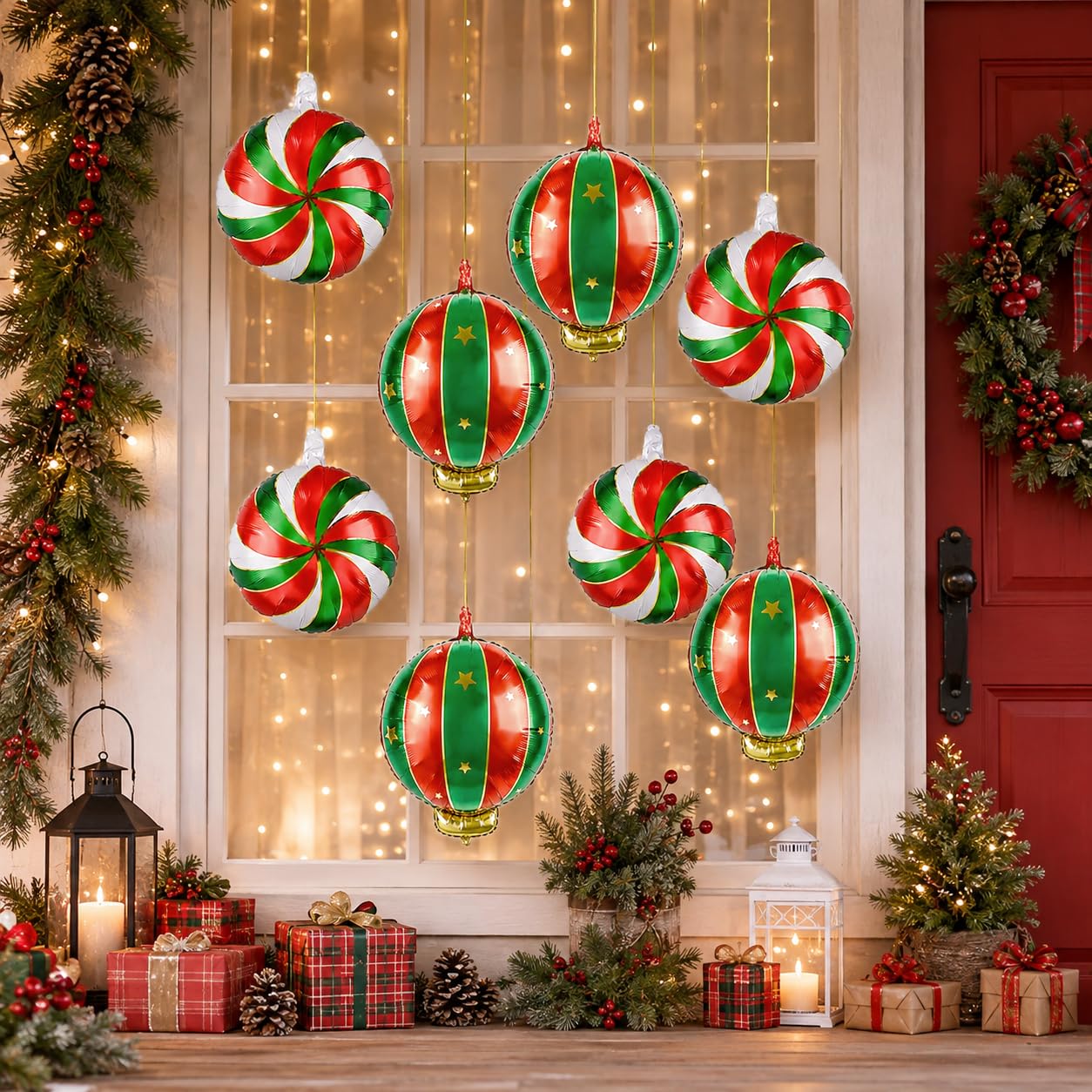 Weihnachten Folienballons Set, 9 Stück Groß Weihnachts Deko Süßigkeiten Hängende Weihnachtskugel Helium Ballons, Rot Grün Gold Weihnachtsdeko Bonbon Candy Luftballons für Christmas Party Dekoration