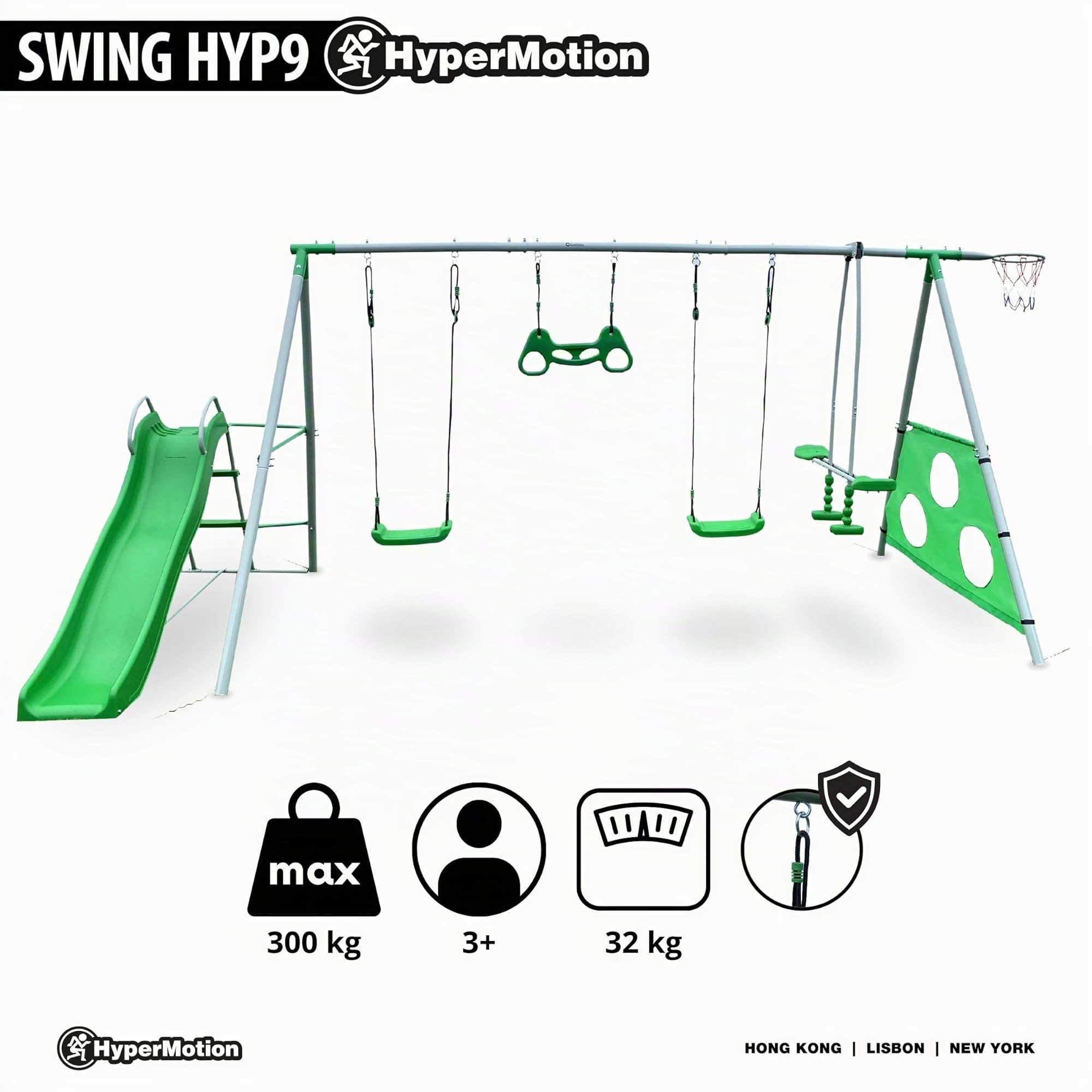 HyperMotion Swing HYP9 Parco giochi XXXL - Altalene Doppia e Singola, Scivolo, Trapezio, Cestino Basket, Scot Calcio - per 6 Bambini 3+ anni, 300 kg Max - Verde