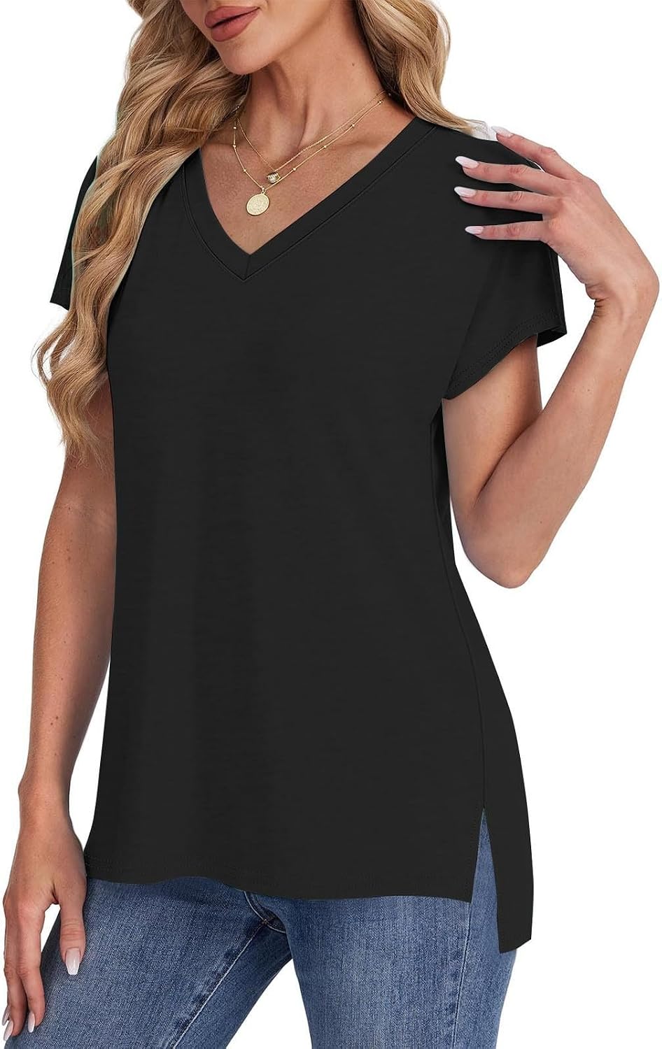 Women’s V-Neck T-Shirt with Slit Design, Raglan Short Sleeve Tops, Solid Color Casual Blouse for Spring Summer