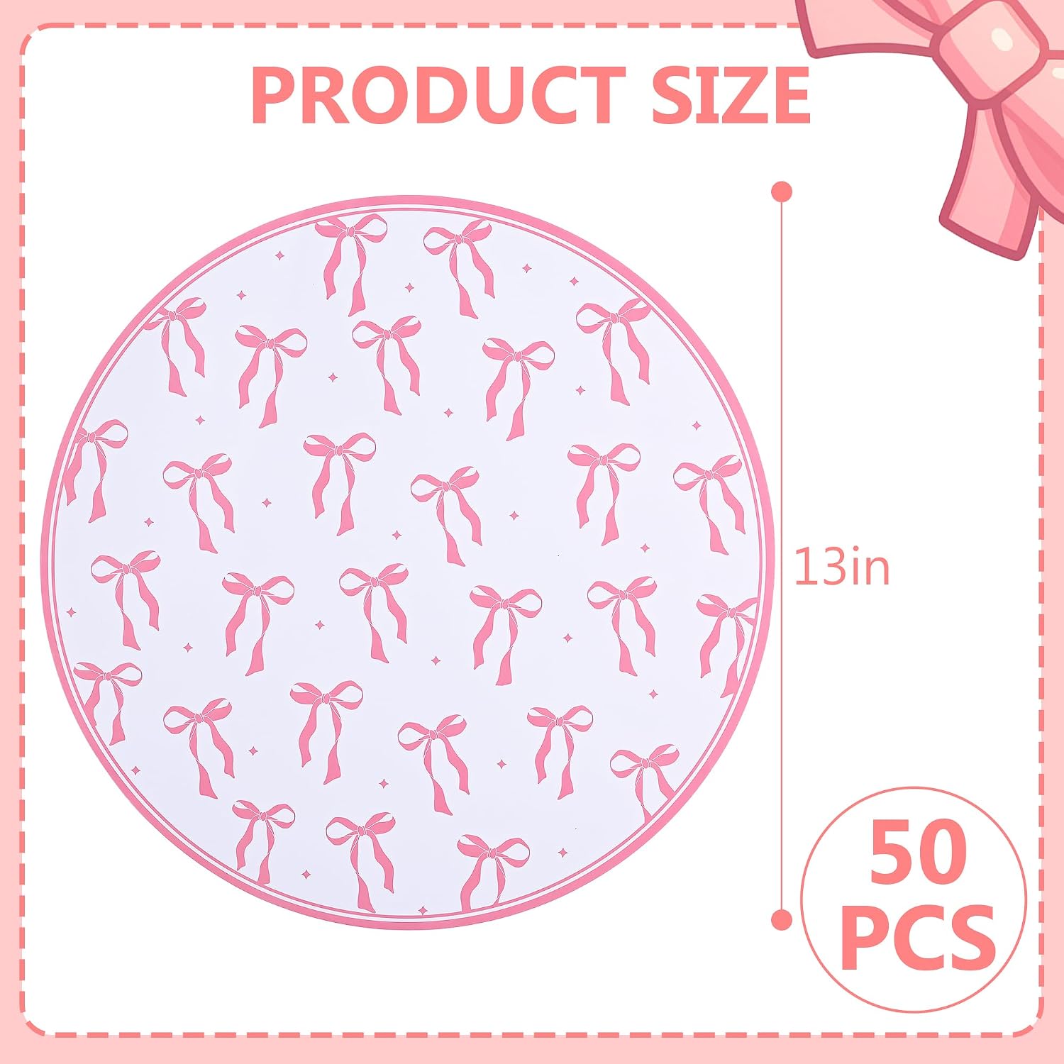 50Pcs Pink Bow Paper Placemats Pink Bowknot Round Disposable Party Place Mats Coquette 13" Paper Cutouts for Wedding Bachelorette Bridal Baby Shower Birthday Table Setting