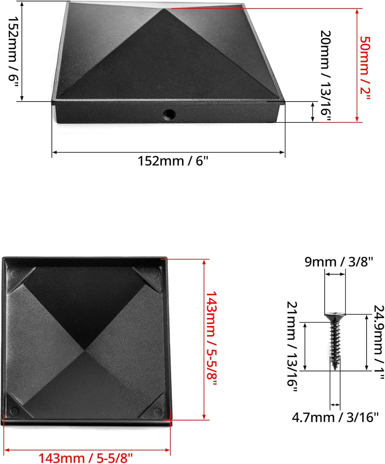 QWORK Aluminum Post Cap Covers, 12 Pack Black Pyramid Deck Post Caps for 5.5" x 5.5" Wood Posts, Slip-On with Screw Hole, for Fence Railings, Deck, Dock, Lamp Post