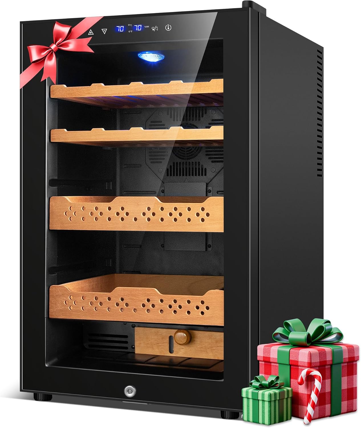 70L Thermostatic Electric Cooler Cabinet, Desktop Humidor with Intelligent Temp & Humidity Control,Double-Layer Glass,Spanish Cedar,400 Capacity