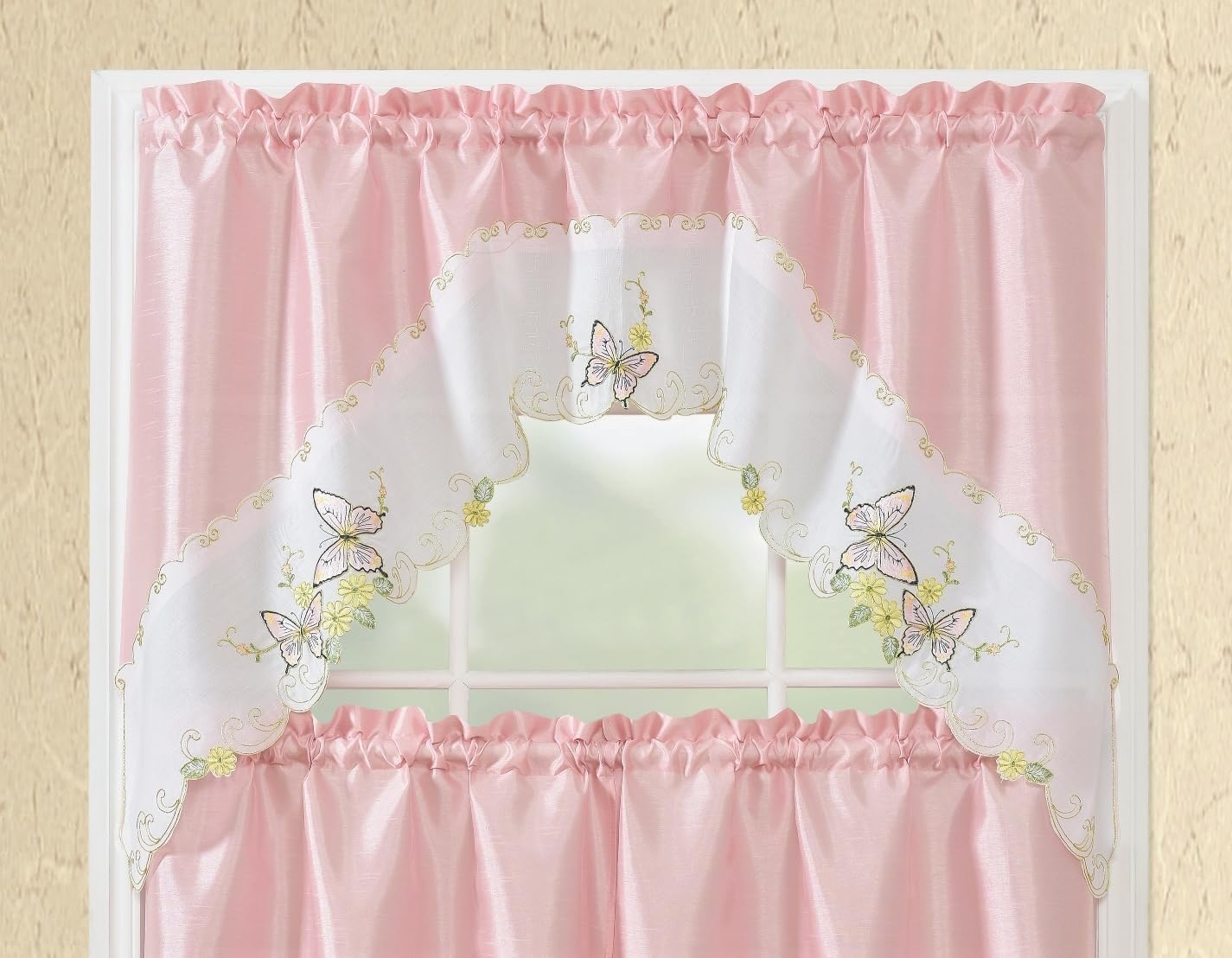 American Linen 3 Piece Embroidered Window Curtain Set, Butterfly Pink