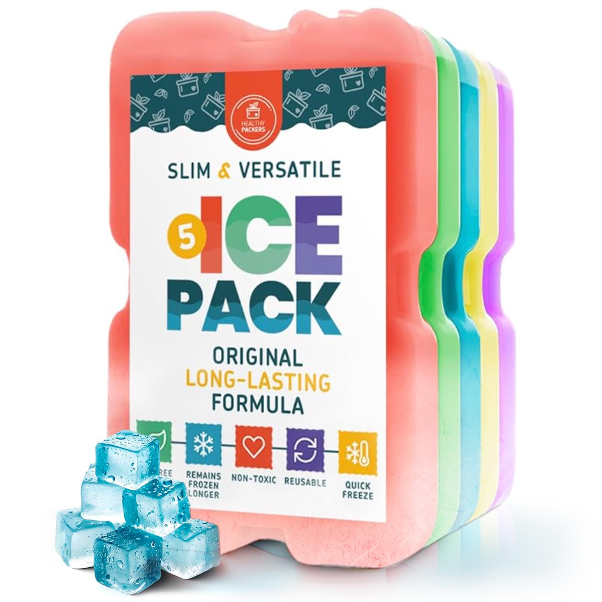Healthy Packers Ice Pack for Lunch Box - Freezer Packs - Original Cool Pack (Set of 5) | Slim & Long-Lasting Ice Packs for Your Lunch or Cooler Bag (Combo)