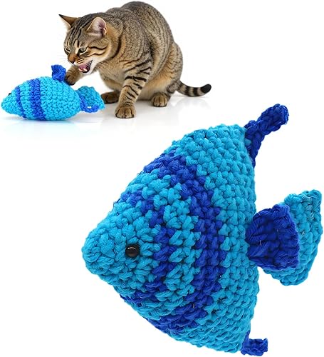 Miniatura 8 de Juguete de gato de pez de ganchillo a mano con hierba gatera y campana, juguetes interactivos naturales para gatos de interior, juguetes suaves de