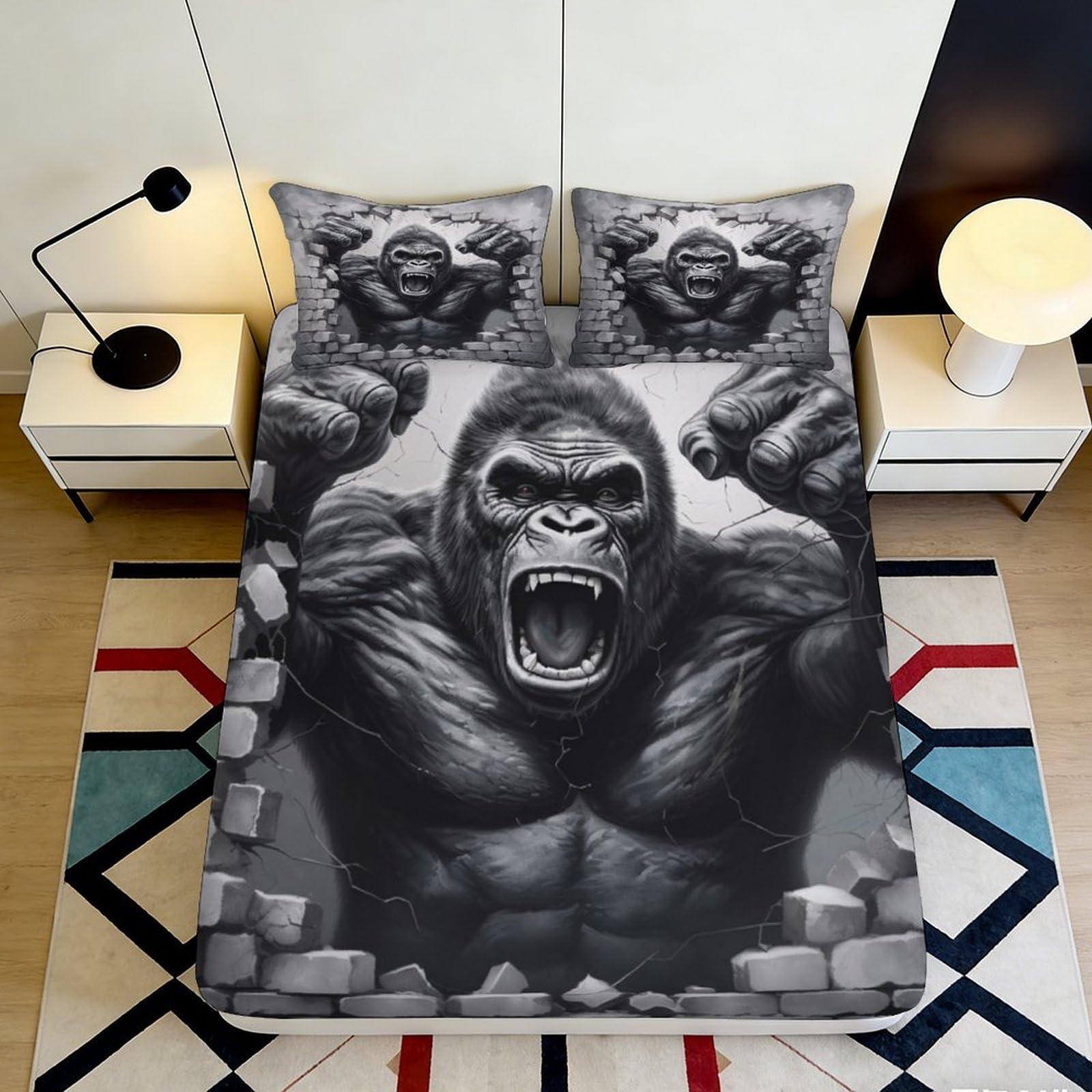 3D Printed Gorilla Fitted Sheet Microfiber Deep Pocket Non-Slip Bedroom Bedding Gorilla Mattress Fitted Cover for Adults 120x200x25cm