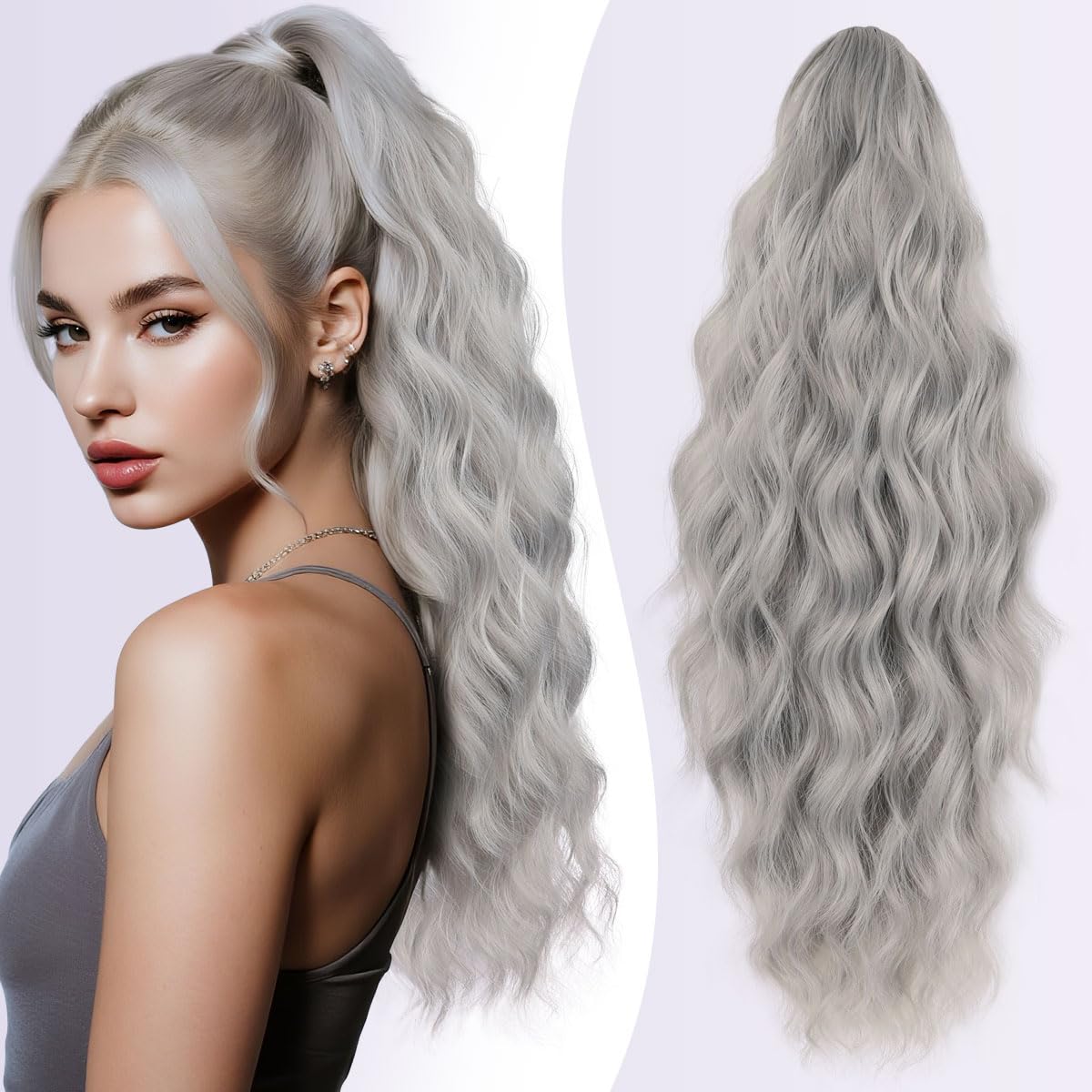 JIAMEISI Ponytail Extension 18 Inch Claw Clip in Ponytail Hair Extensions Long Curly Wavy Synthetic Fiber Claw Ponytail Hairpiece for Women Girls Daily Use Party Add Volume and Length (Silver Grey)