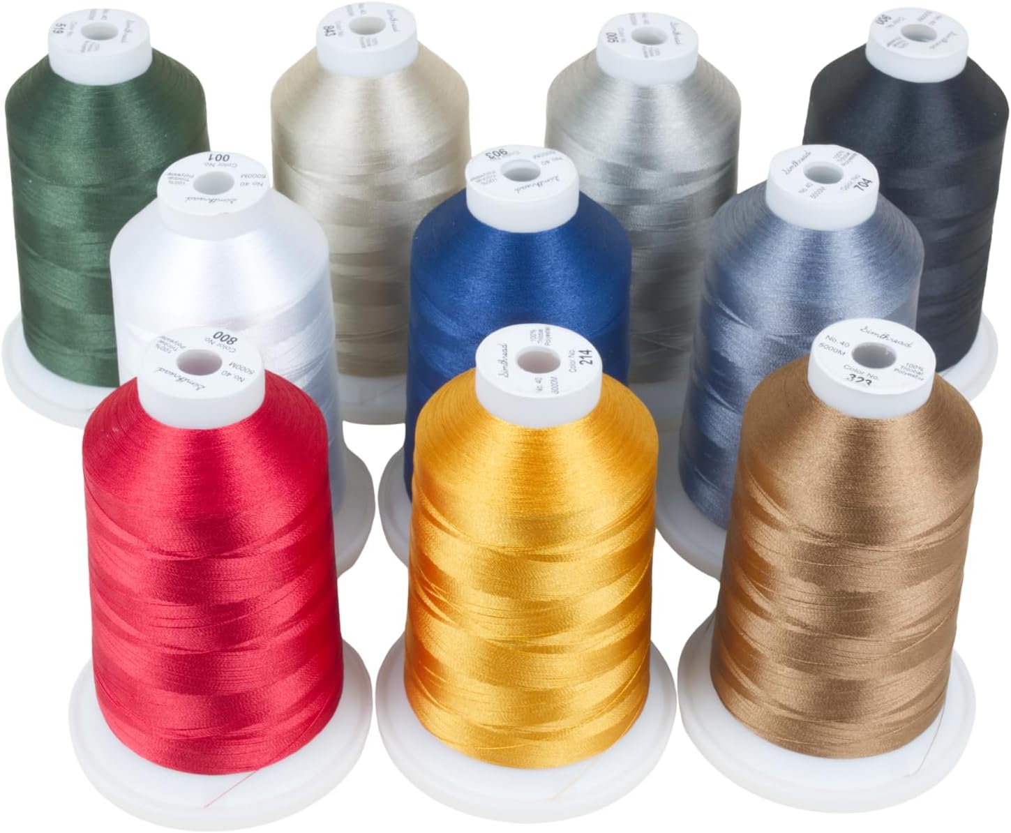 Simthread 10-Color Trilobal Polyester Thread – 5000M (5500yds) Each, No.40 – Tangle-Free, with LockTail Spools – for Brother, Singer, Janome & More Embroidery Machines