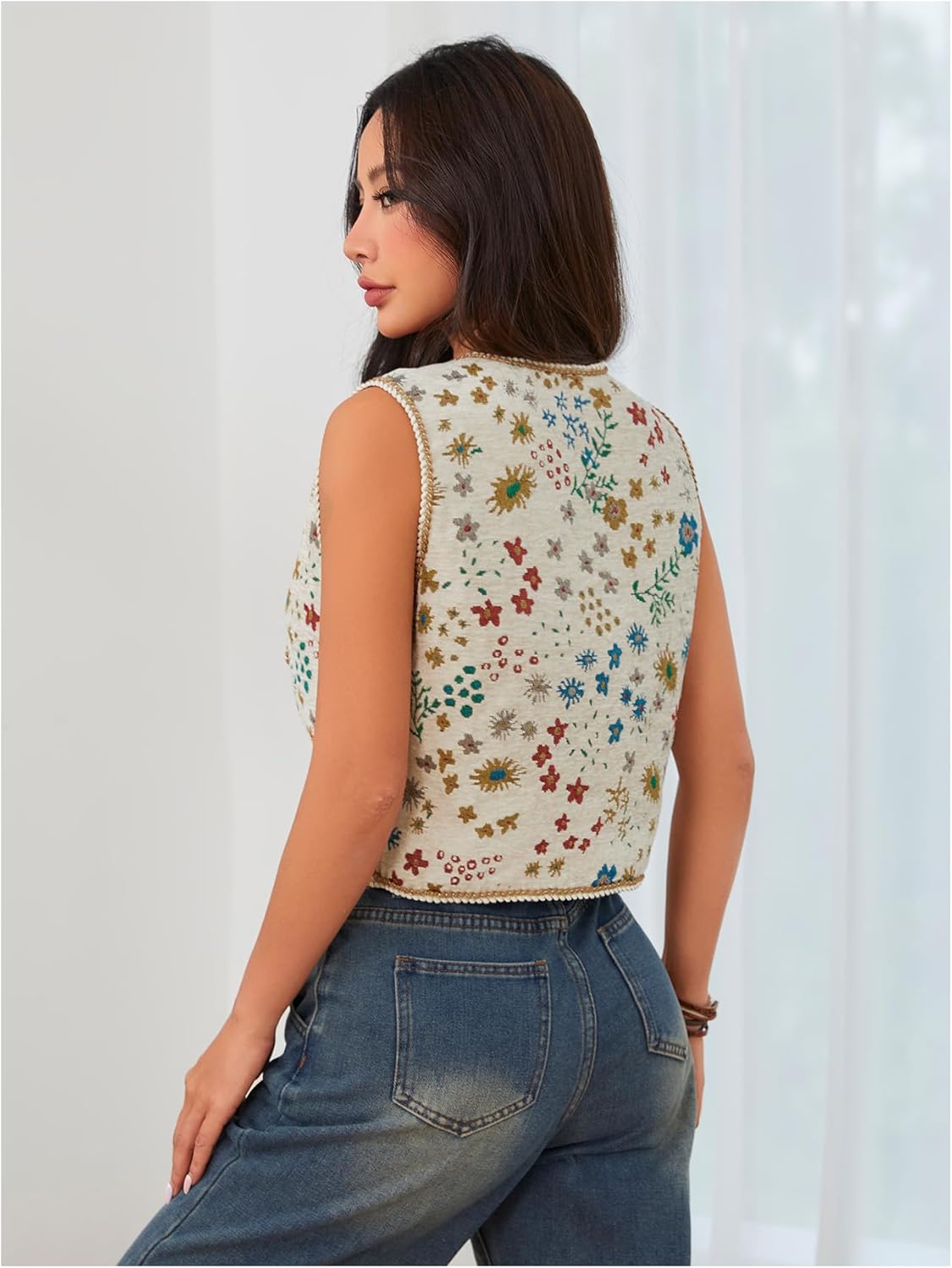 Verdusa Women's Boho Tie Front Jacquard Cowgirl Vest Waistcoat Sleeveless Jacket - Image 2