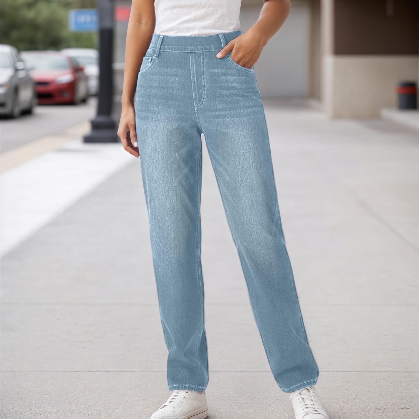 Damen-Jeans mit weitem Bein zum Überziehen, hoch tailliert, dehnbar, Baggy-Jeans mit geradem Bein, Jeanshose