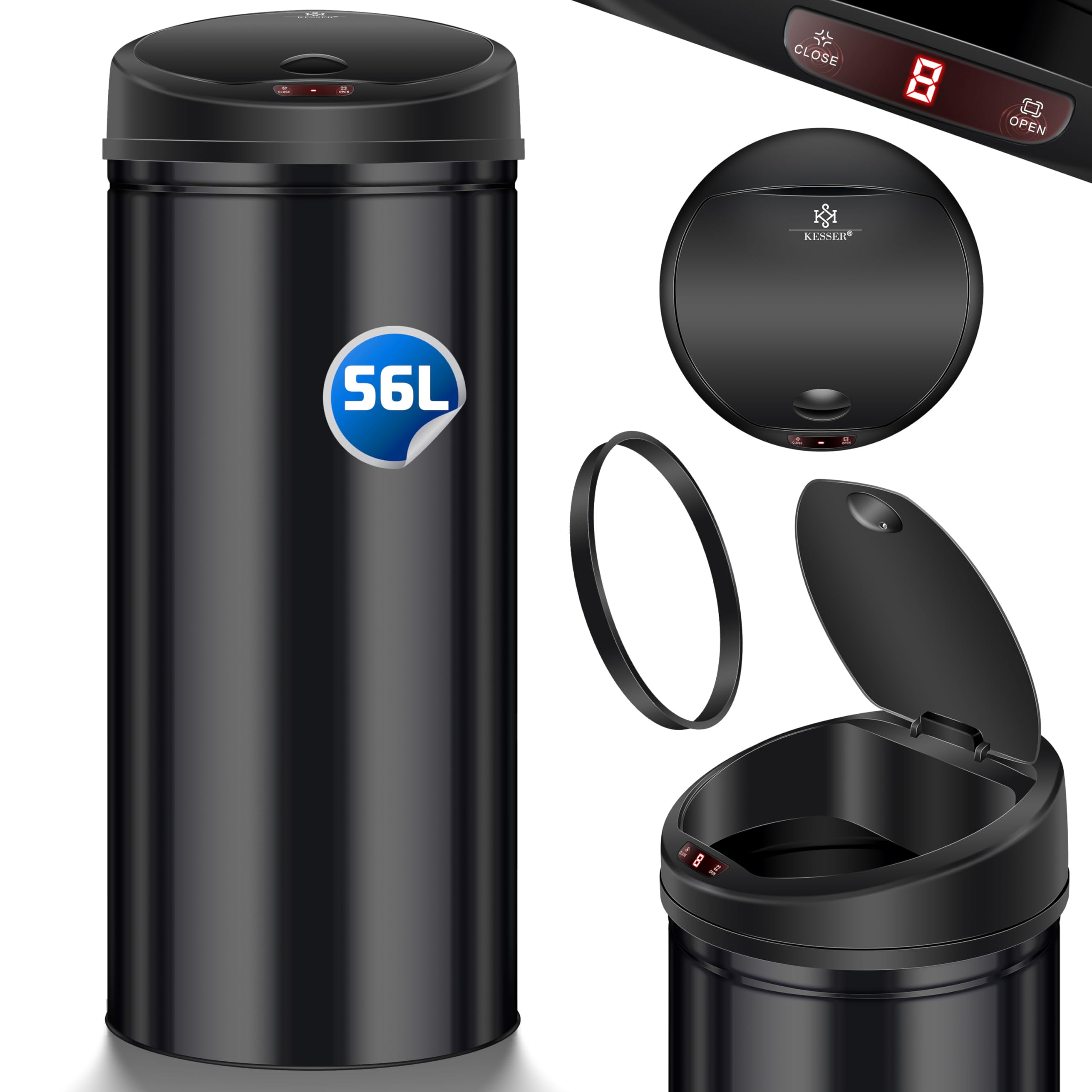 KESSER Sensor Mülleimer 56 Liter Edelstahl Schwarz Automatik Abfalleimer