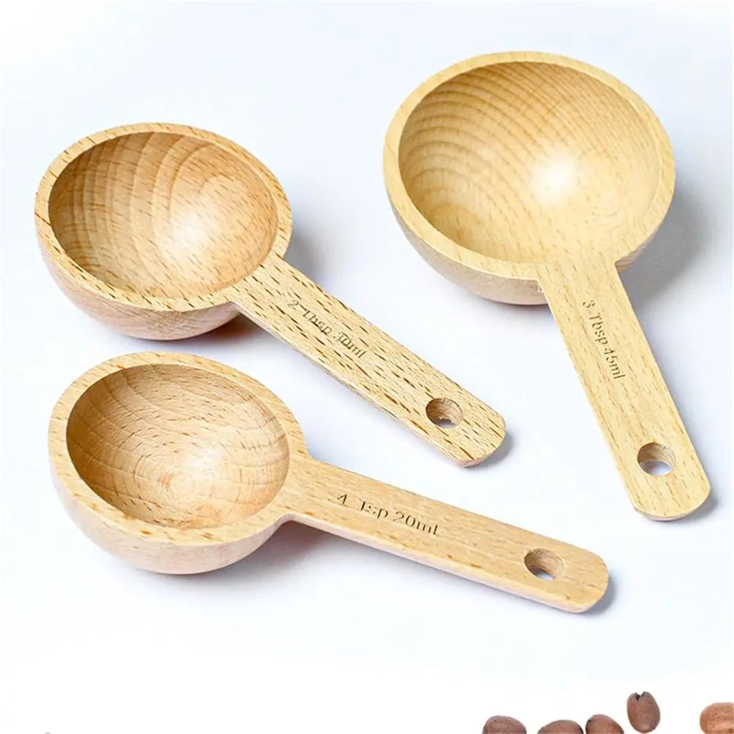 Coffee Scoop 12pcs Tablespoon Measuring Spoon Walnut Wooden 7.5/10/15/30/45ml Beech Hangable Kitchen Tools Coffee Bean for Exact Measuring(30-Beech Wooden)