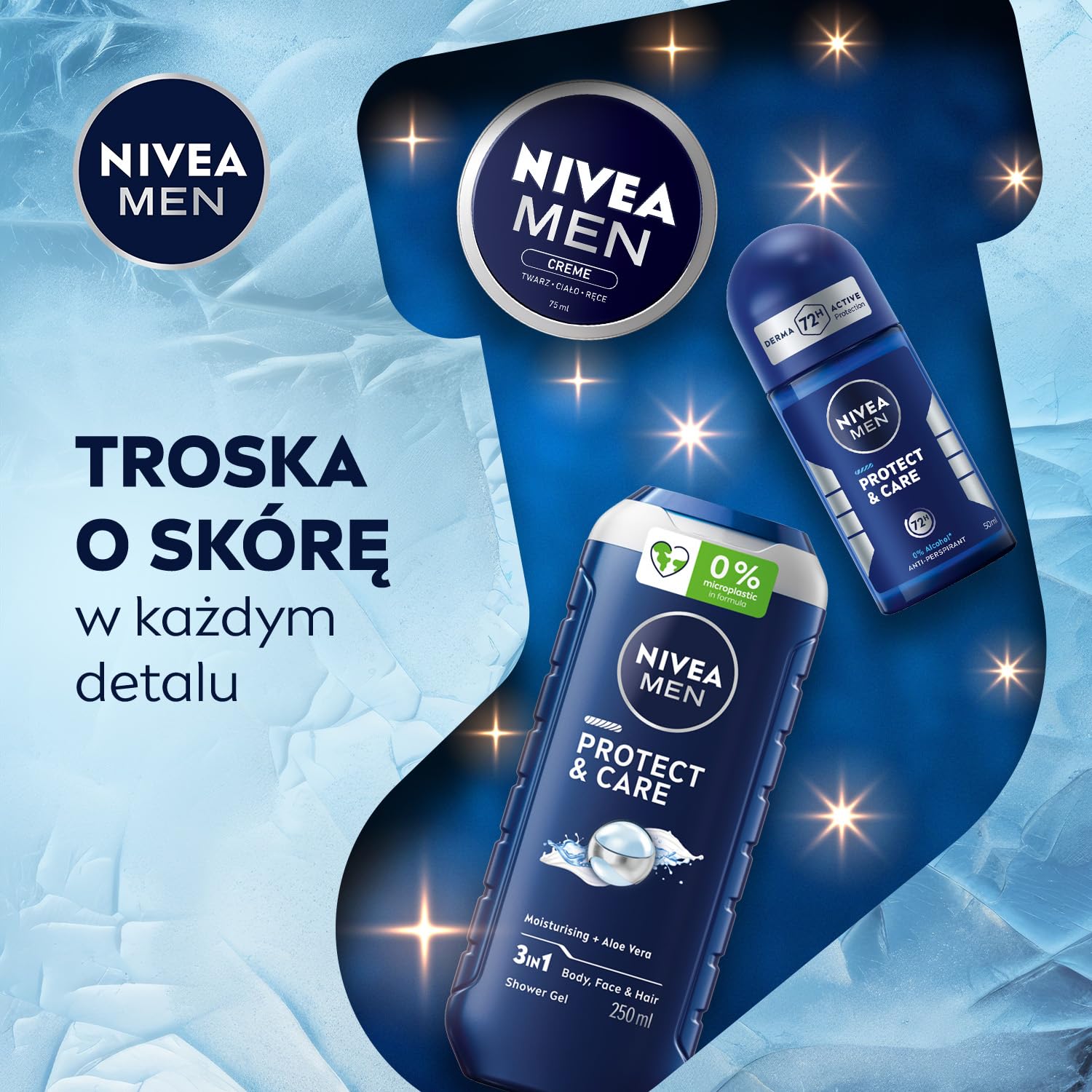 NIVEA MEN Caring Comfort Świąteczny prezent - Zestaw kosmetyków dla mężczyzn do twarzy i ciała: anyperspirant roll on, żel pod prysznic i krem nawilżający Creme