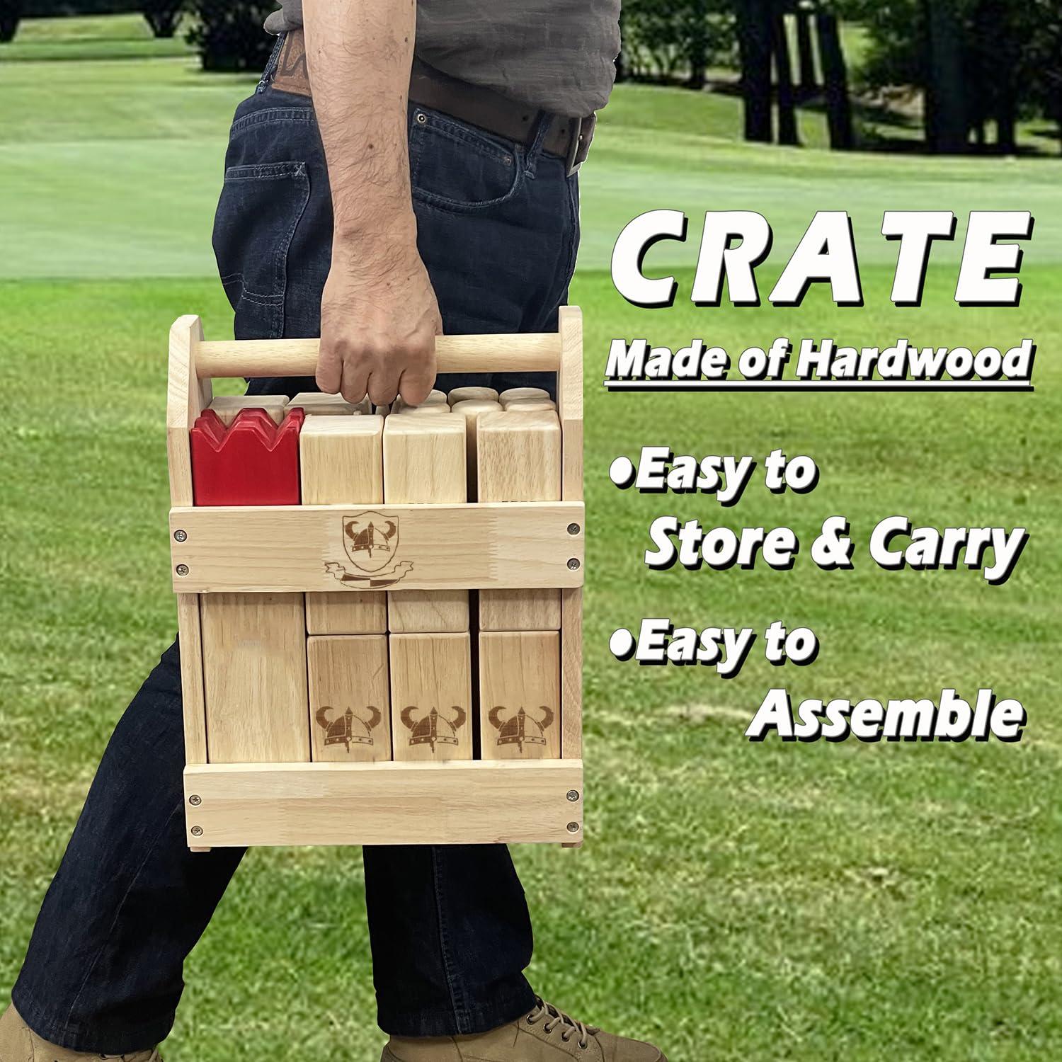 Jac & Mok Kubb Spielset - Hartholz Wikinger Spiele mit Gummiholzkiste -KUBB Werfen Outdoor Spiele (Verordnung, Roter König)