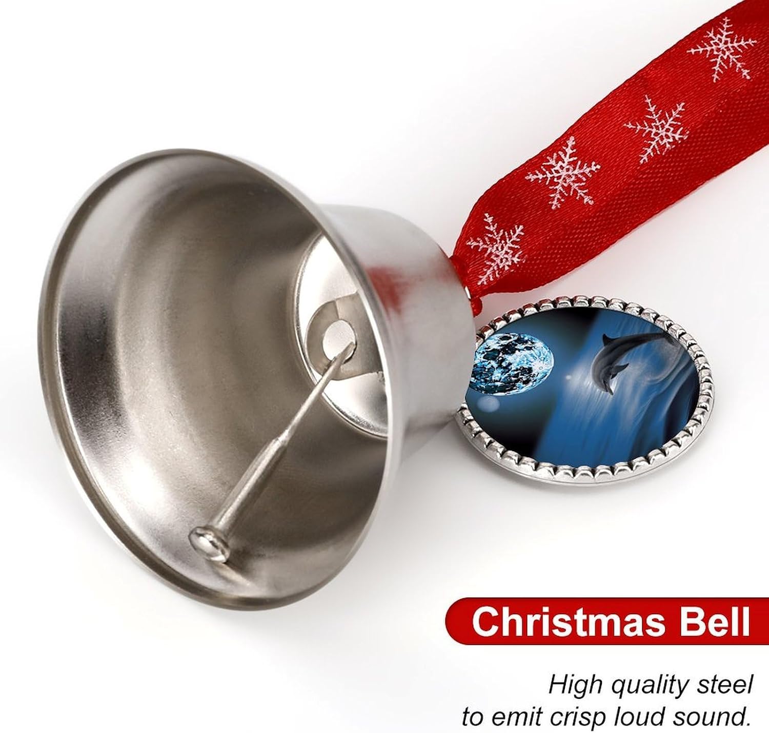 Dolphin and Moon Christmas Bells Ornaments with Wings & Heart Silver Bell Pendant for Christmas Tree Home Door Mantle Fireplace Decoration
