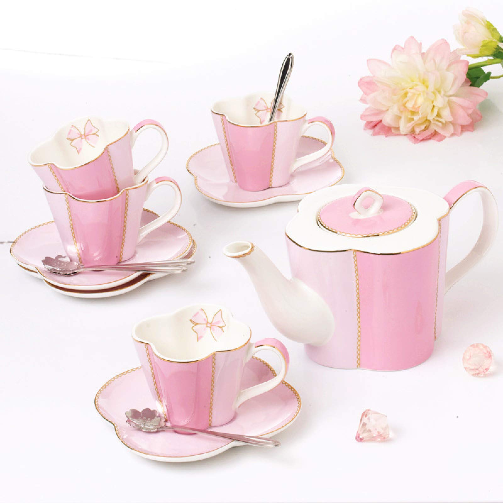 Porcelanowe Ceramiczne Zestawy Prezentowe Do Kawy I Herbaty, Filiżanka Do Kawy Dla 4 Serii, Czajniczek Z Porcelany Kostnej Z Filiżankami I Łyżeczkami Do Herbaty, Prezenty Urodzinowe I Ślubne, Różowe