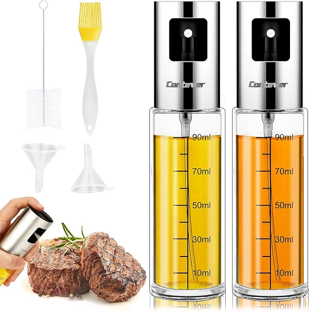 Olive Oil Sprayer, 2Pcs Vinegar Dispenser Mister with Upgraded Spray Mouth, 100ml Glass Oil Dressing Spray Bottle for Cooking Kitchen BBQ Salad Baking Roasting Grilling (2 Pack)