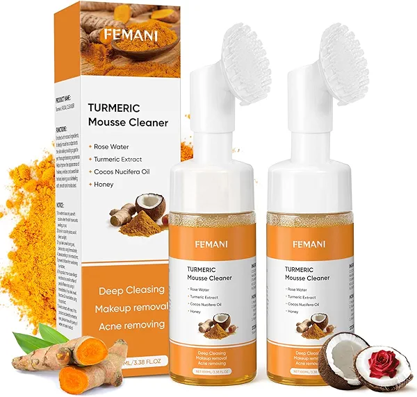 2Pcs Turmeric Face Wash with Brush,Turmeric Facial Cleanser Foam,Foaming Face Cleanser,Deep Cleansing face Wash for All Type,3.38 fl.oz/pc