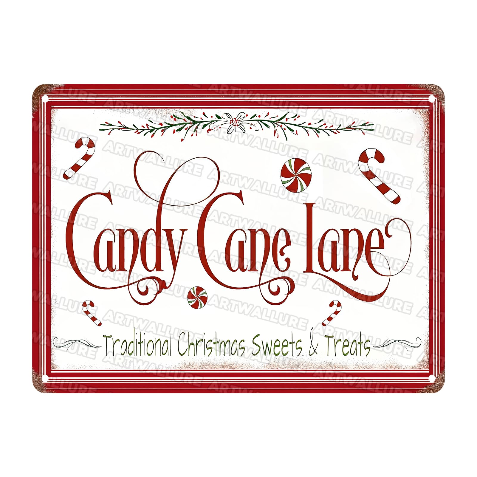 Candy Cane Lane Vintage Metal Tin Sign Traditional Christmas Sweets Wall Art for Kitchen Hot Cocoa Feature Walls and Festive Winter 12x16inch