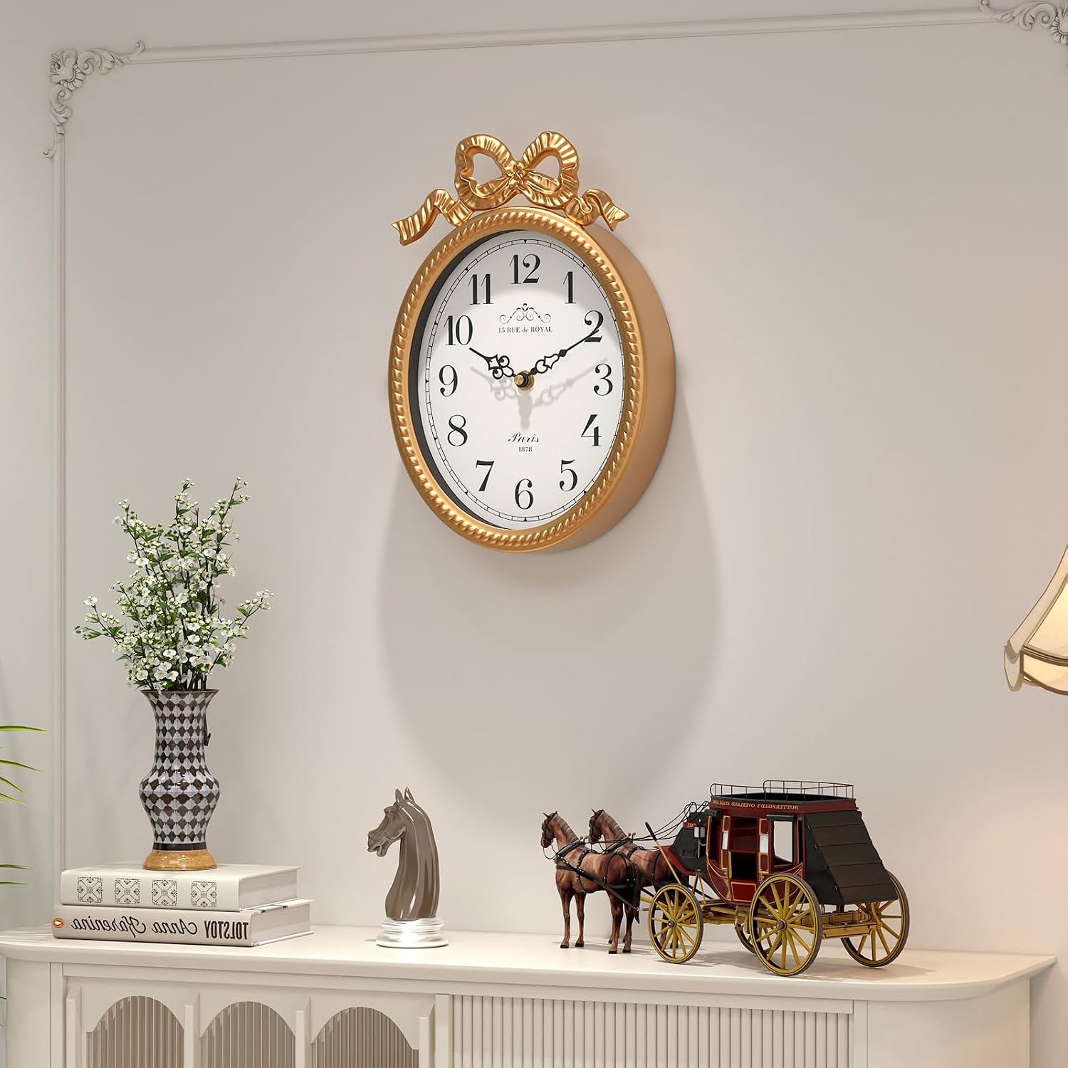 Small French Bow Wall Clock, Gold Vintage Boho Ovel Style